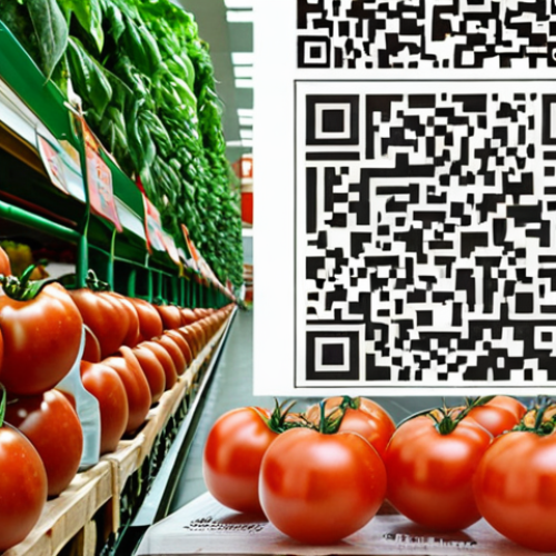 **Food Supply Chain Transparency:** A QR code scan revealing a tomato's journey from an Italian farm, including harvest date, organic treatments, and transport details to a local supermarket, emphasizing freshness and authenticity.