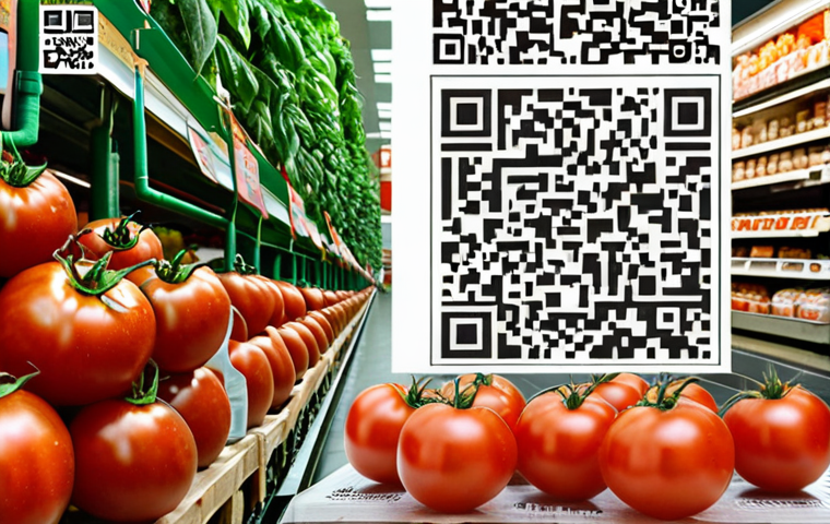 **Food Supply Chain Transparency:** A QR code scan revealing a tomato's journey from an Italian farm, including harvest date, organic treatments, and transport details to a local supermarket, emphasizing freshness and authenticity.