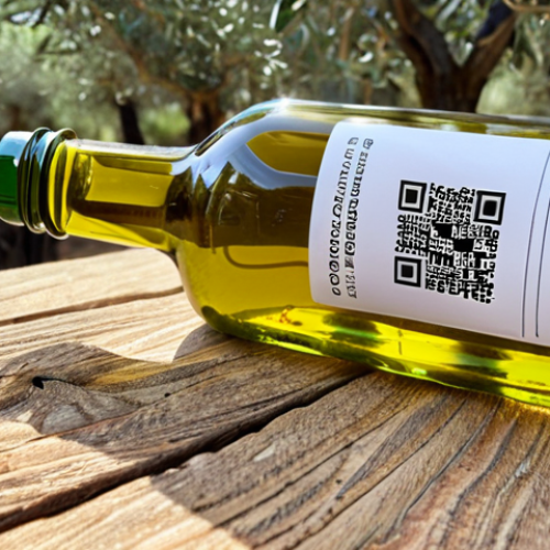 **Italian Food Supply Chain Transparency:**  "A close-up shot of a QR code on a bottle of olive oil, leading to a blockchain-verified traceability record showing the olives being harvested in a sunny Italian grove. Emphasize authenticity and quality."