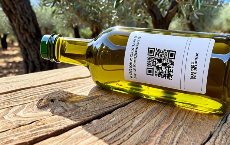 **Italian Food Supply Chain Transparency:**  "A close-up shot of a QR code on a bottle of olive oil, leading to a blockchain-verified traceability record showing the olives being harvested in a sunny Italian grove. Emphasize authenticity and quality."