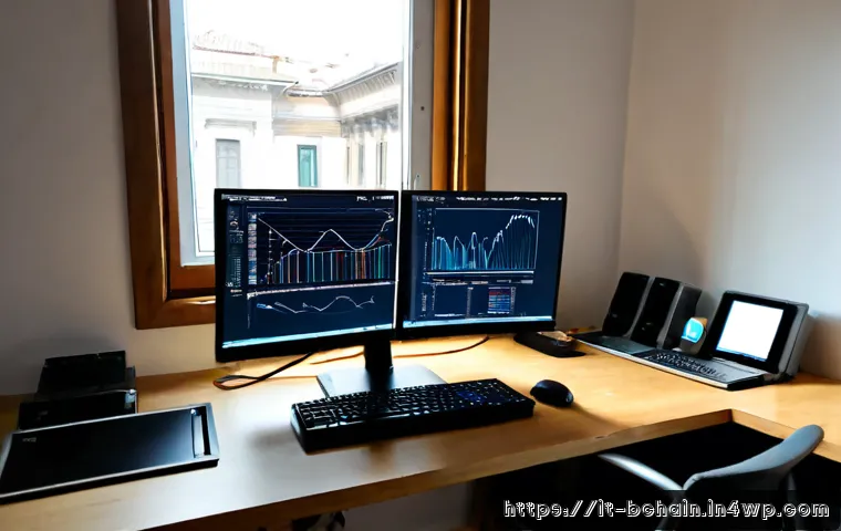 Home 17 블록체인 개발을 위한 테스트 네트워크 설정 - Photorealistic home office in Milan, Italian blockchain developer configuring a test network on a du...